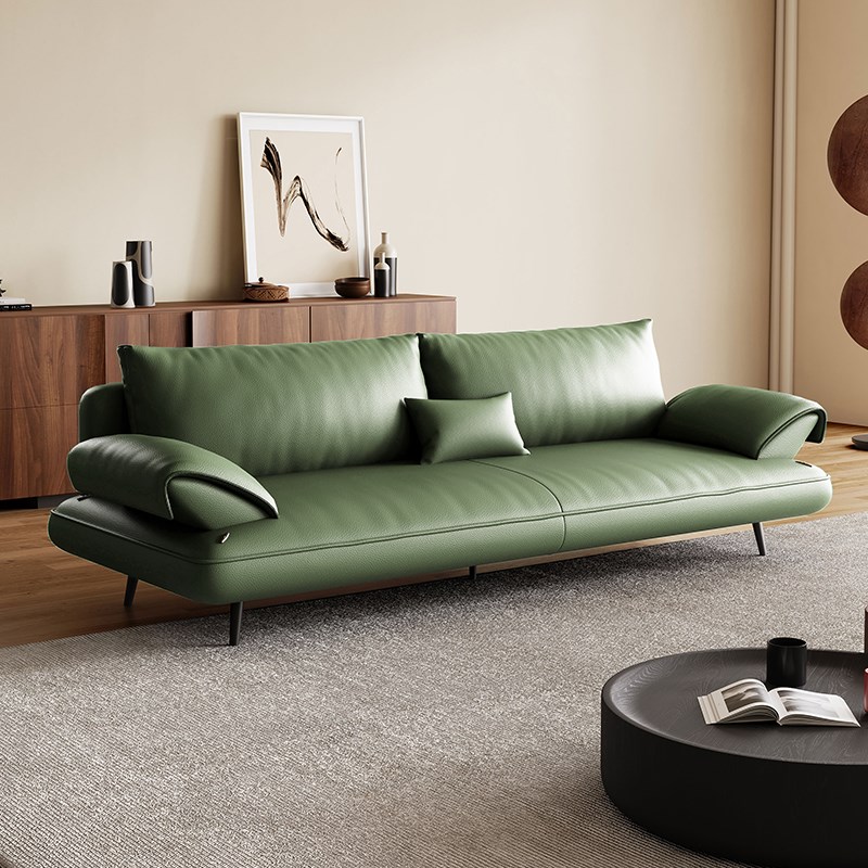 意式极简绿色头层真牛皮沙v发客厅小户型直排现代帆船皮艺沙发新