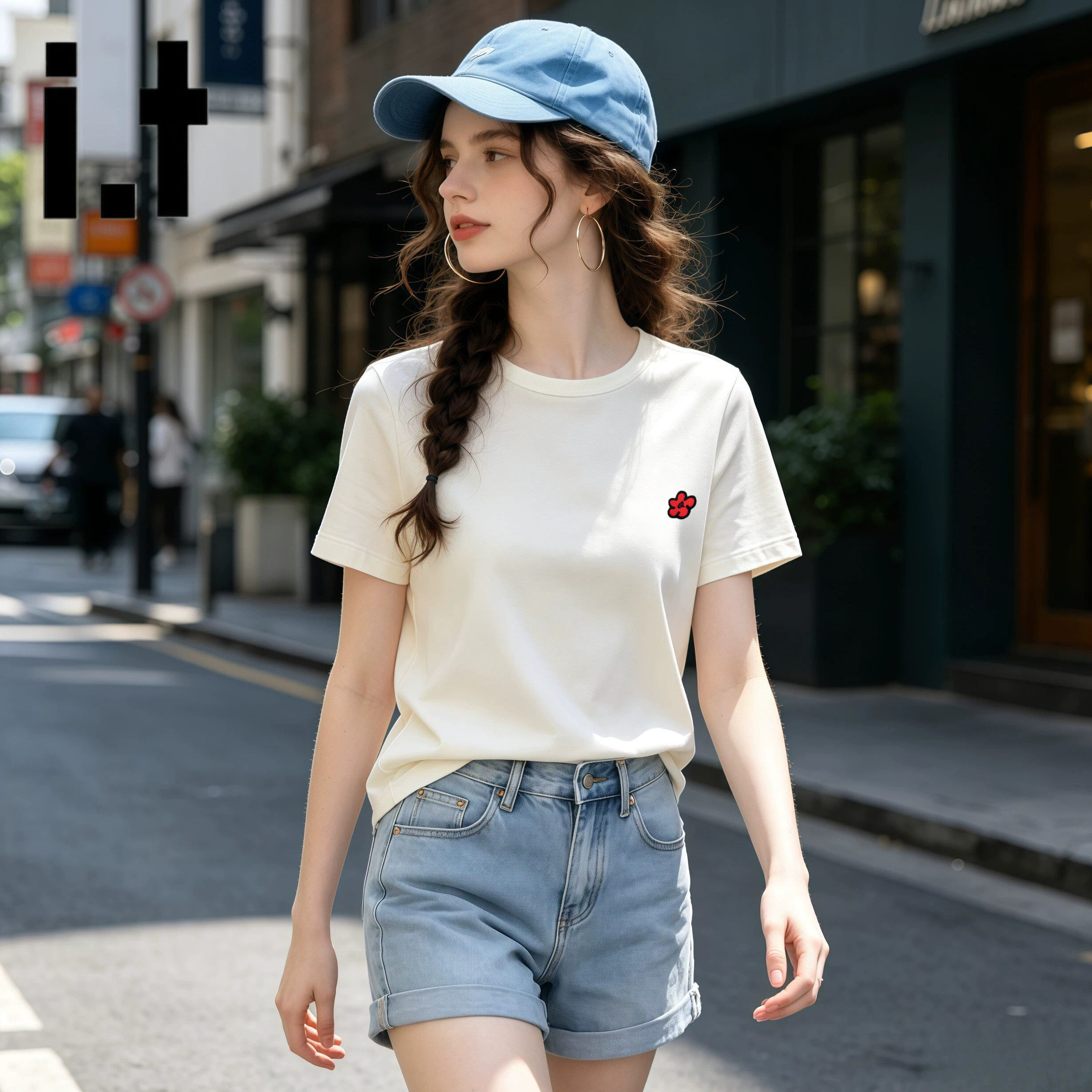 i.tGROUNDZERO白色小红花刺绣T恤女夏韩系简约基础款修身短袖上衣