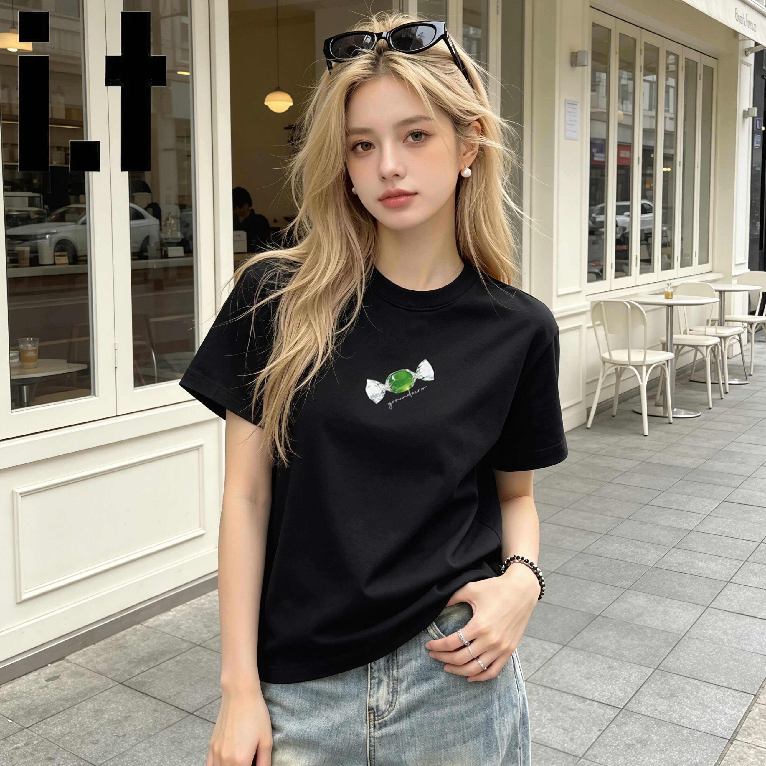 i.t GROUNDZERO黑色正肩T恤女夏季糖果印花修身圆领显瘦短袖上衣
