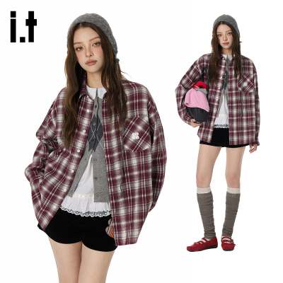 it GROUNDZERO 秋季新款格纹字母刺绣宽松开衫美式小众衬衫外套女