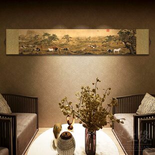 郎世宁百骏图新中式丝绸卷轴挂画餐厅书房国画墙画卧室客厅装饰画