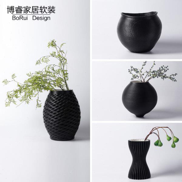 现代简约3D打印陶瓷黑色花瓶摆件样板间客厅玄关干花器装饰品摆设