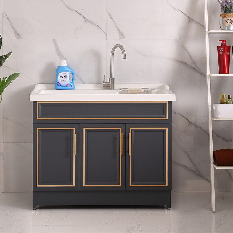 阳台太空铝洗衣池带搓板落地式洗衣台石英石双盆洗衣柜卫生间台面