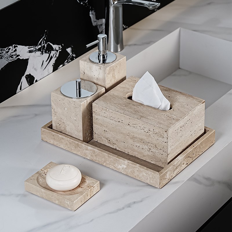 侘寂风天然大理石洗漱用品收纳套装酒店卫生间牙刷置物架托盘摆件