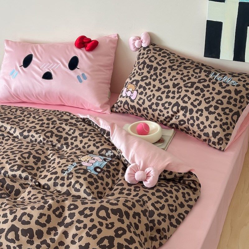 少女心豹纹蝴蝶结100支纯棉长绒棉四件套全棉被套床单床上用品,床上用品,床品套件/四件套/多件套,淘宝优惠券,粉丝福利购,淘宝优惠卷