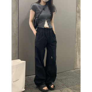 黑色降落伞美式 工装 裤 留下 抽绳两穿直筒裤 夏季 女百搭薄款 女 1992