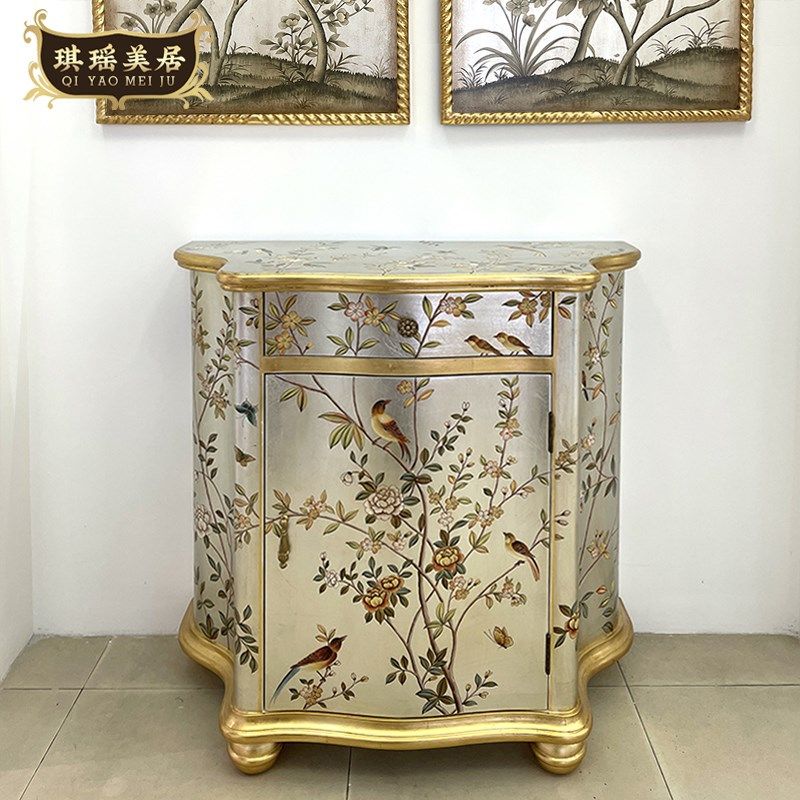 欧式奢华金箔彩绘花鸟玄关柜美式实木客厅边柜别墅门厅走廊装饰柜,住宅家具,门厅/玄关柜/玄关架,淘宝优惠券,粉丝福利购,淘宝优惠卷