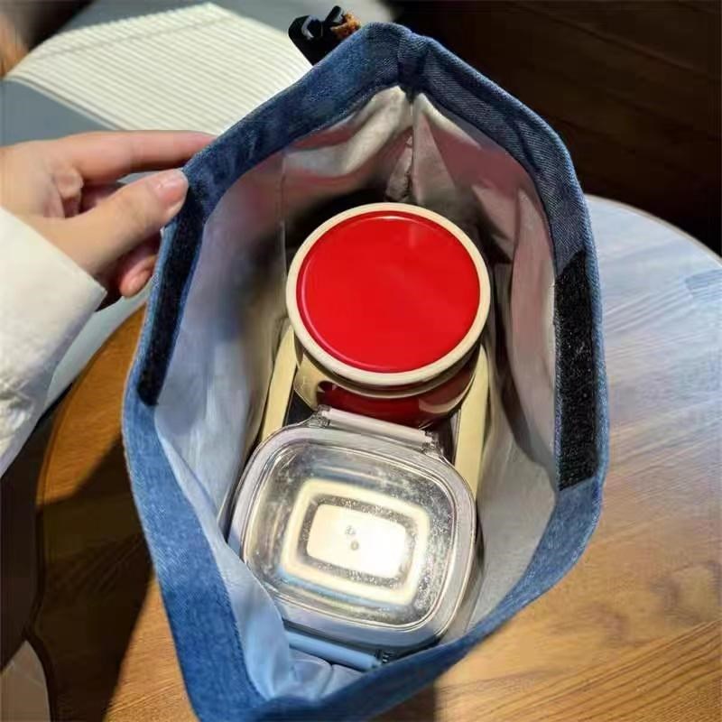 新款刺绣牛仔布保温饭盒袋便携手提上班学生便当包露营包野餐包