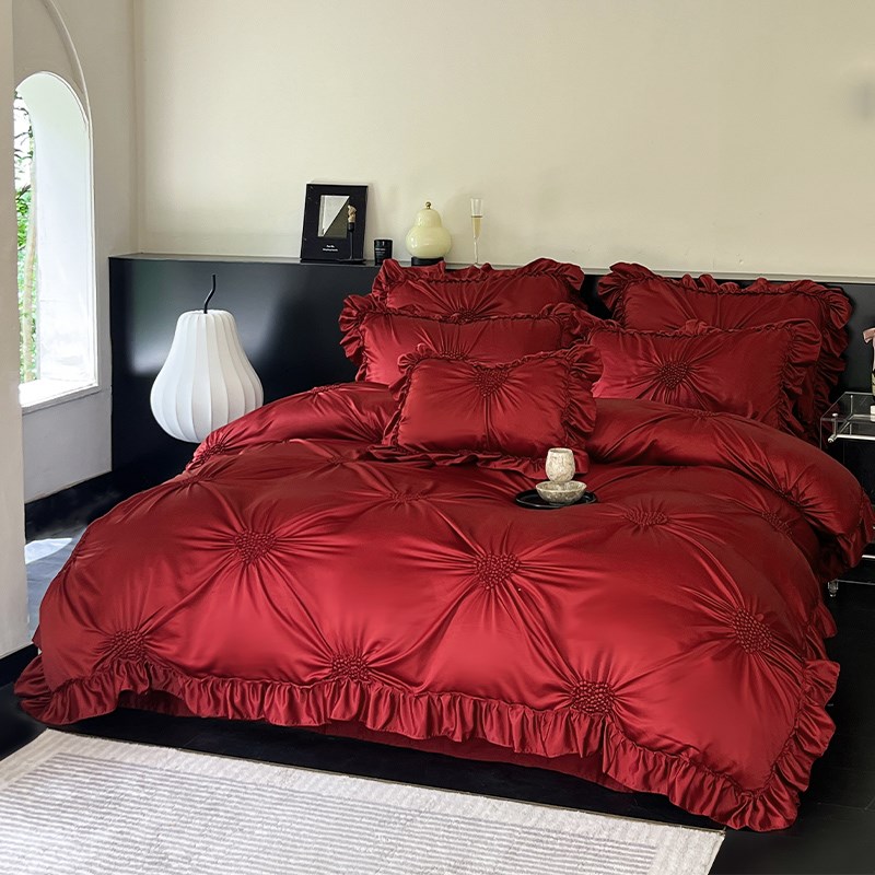 法式浪漫婚庆四件套红色爱心刺绣100s全棉扎花荷叶边结婚被套床单