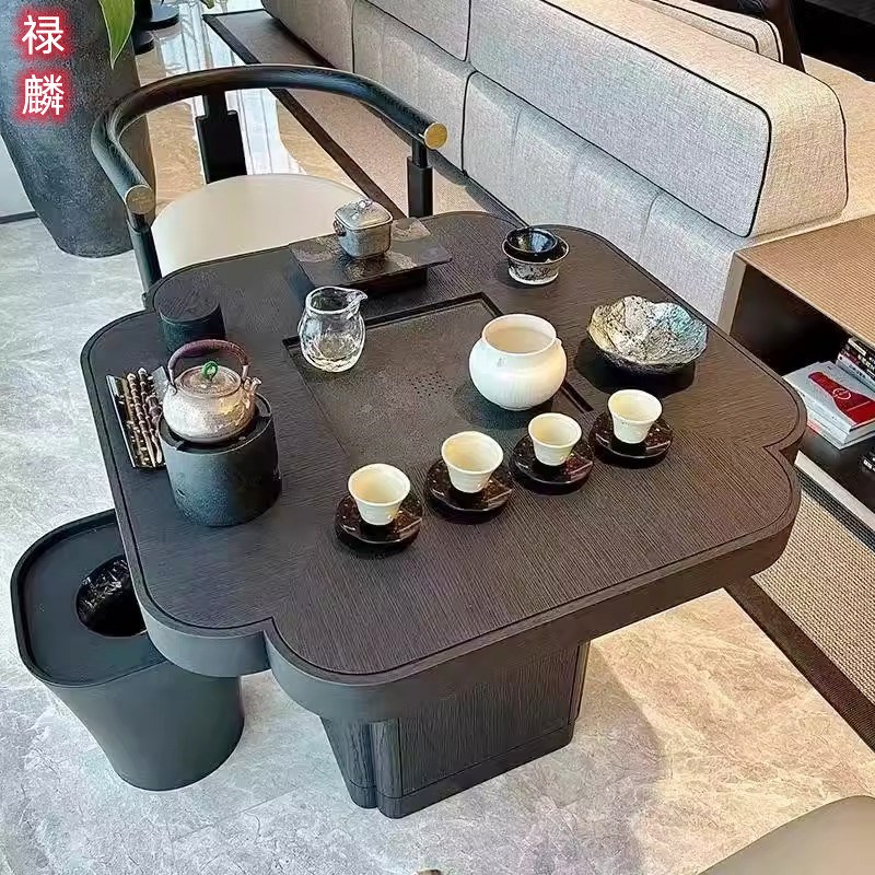 新中式阳台茶桌新款实木黑色海棠桌现代简约小户型功夫泡茶台定制