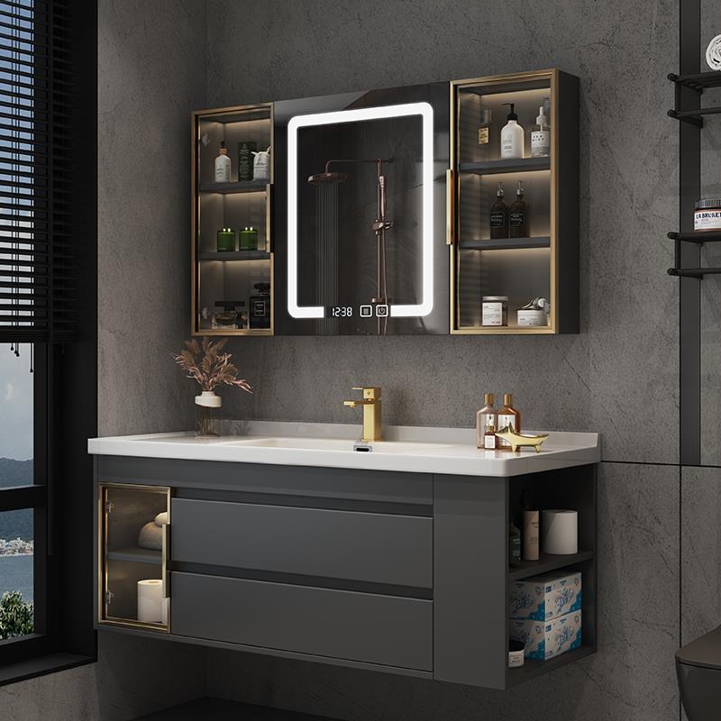 浴室柜组合现代简约卫生间陶瓷一体盆洗漱台侧开放格洗脸洗手盆柜