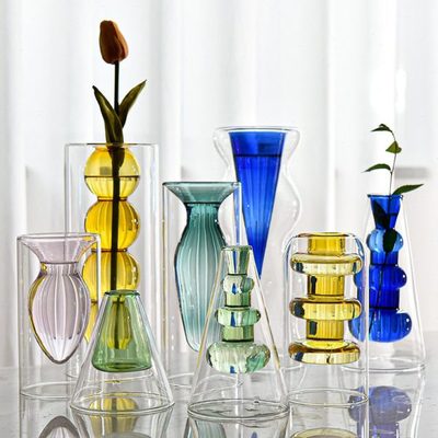 北欧创意彩色玻璃小花瓶双层透明花瓶餐厅桌面香薰瓶摆件水培花器