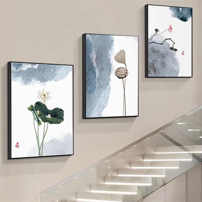 楼梯装饰画新中式走廊过道背景墙壁画中国风茶室暖居客厅墙面挂画图片