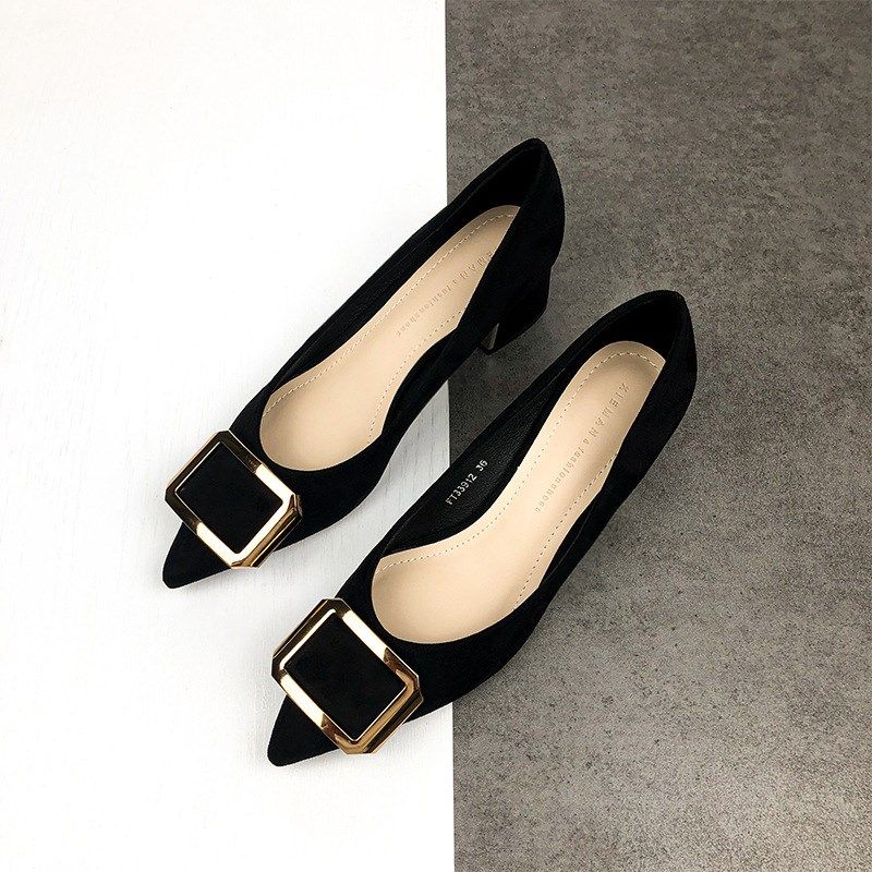 33912-32法式黑色职业高跟鞋女粗跟春夏季绒面尖头工作单鞋中跟,女鞋,其他拖鞋,淘宝优惠券,粉丝福利购,淘宝优惠卷