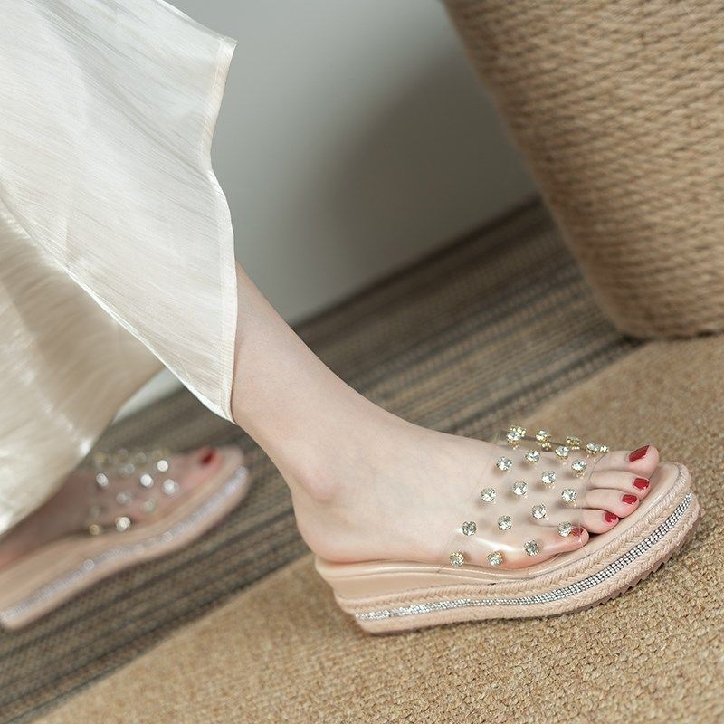 透明凉鞋女高跟2024夏季新款韩版松糕厚底鞋坡跟水钻一字外穿拖鞋,女鞋,一字带凉鞋,淘宝优惠券,粉丝福利购,淘宝优惠卷