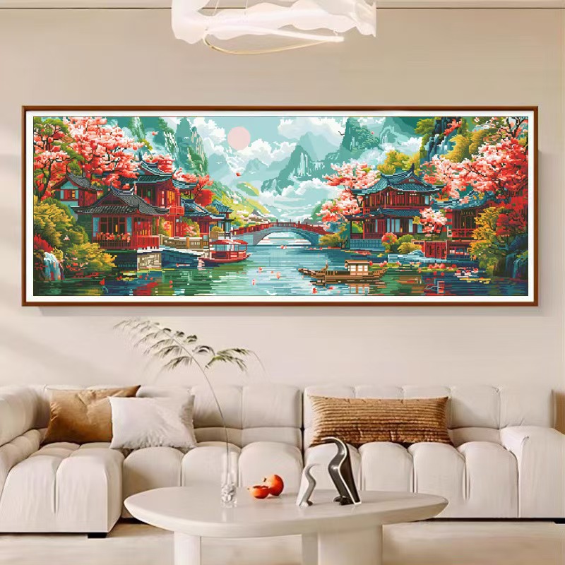 十字绣串珠绣彩珠绣圆珠子绣十字绣春意江南桥影云溪人间仙境