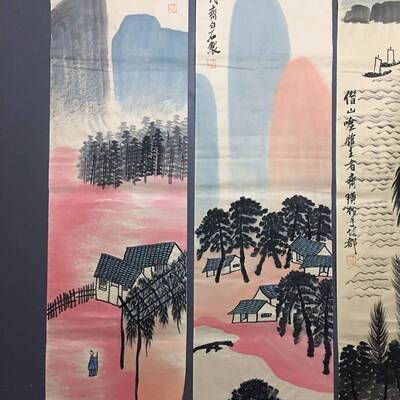 齐白石URL山水画。条屏5画片未装裱纯四手画绘片尺寸:136x3厘米