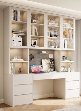 实木书桌定制ENFm级橡木书架一体桌子靠墙书房家用学习桌书柜组合