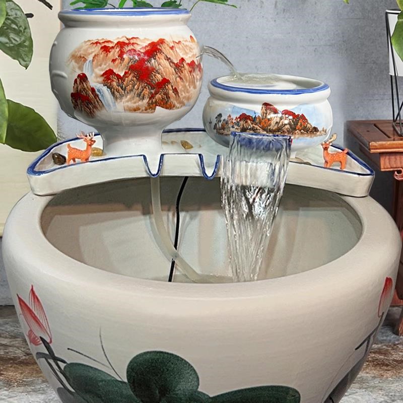 水缸循环过滤器流水瀑布陶瓷摆饰古法养鱼缸增氧R循环过滤陶罐水
