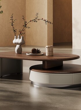 复古风胡桃木纹伸缩圆形茶几202A4年新款客厅高端马鞍皮中古风茶