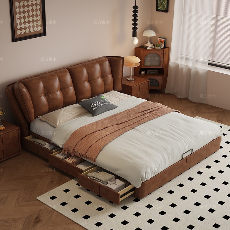 网红新款油蜡皮泡芙软包双人床主卧C储物床现代简约2米x2米2大床