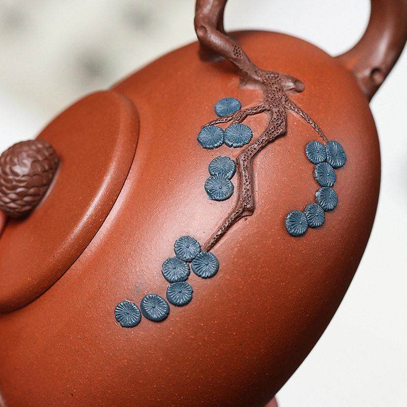 宜矿兴花紫砂壶茶壶名家全纯手ZS-8460工贴绘泥原清水泥松果花壶