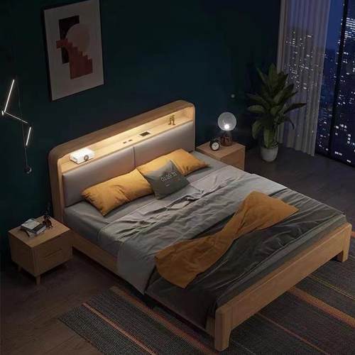 北实木床815.米1.米夜灯欧双人床现代简约F902橡胶木软靠公寓经济