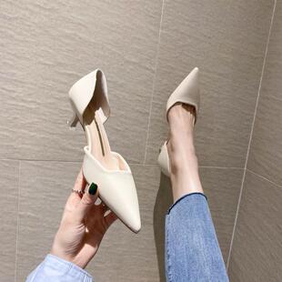 女夏矮跟中空凉鞋 不累脚单M鞋 气 女2021年春秋新款 尖头细跟高跟鞋