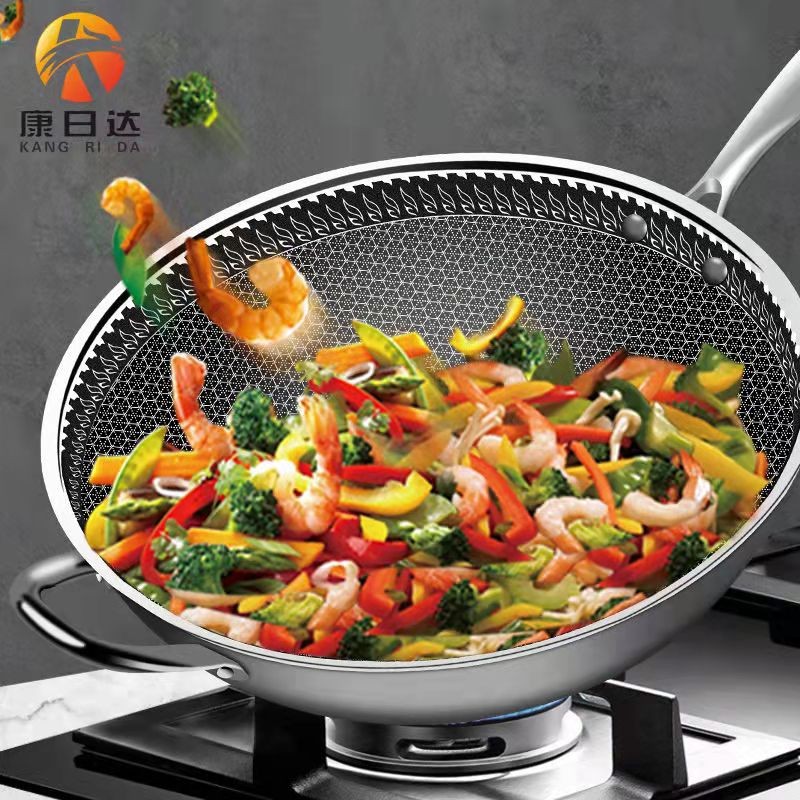 特厚316不锈钢炒锅不粘锅32/34/36/38/40平底锅电磁炉燃气炒菜锅