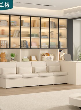 去客厅化沙发卡座书桌书柜一体整墙到顶带玻璃门储物展示柜子9F81