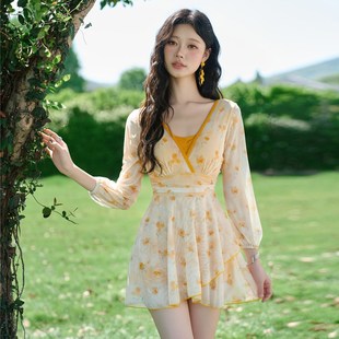 泳衣女款 泡温泉泳装 连体裙式 微胖女孩遮肉高级感2025新款 大码 长袖