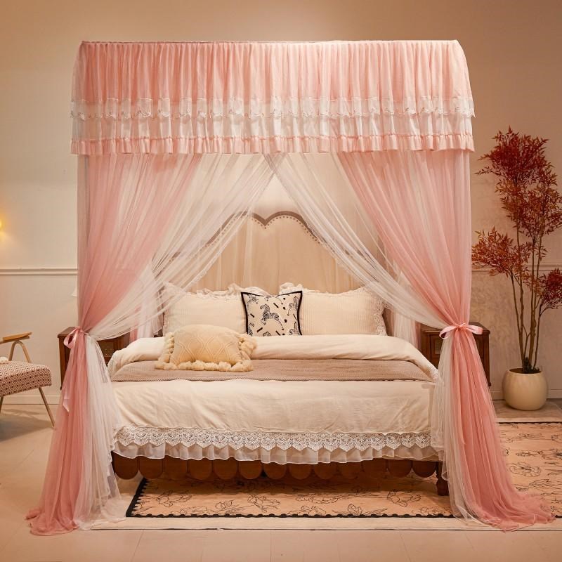 新款公主双层纱床帘高级感蚊帐三开门落地防蚊宫廷帐加厚烤漆支架