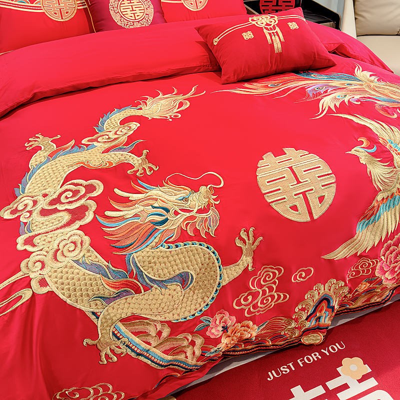 高级感中式龙凤刺绣结婚四件套红色床单被套纯棉喜被婚庆床上用品