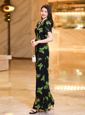 绿色蝴蝶印花连体裤显瘦新r款女夏雪纺高端长款套装连衣阔腿裤225