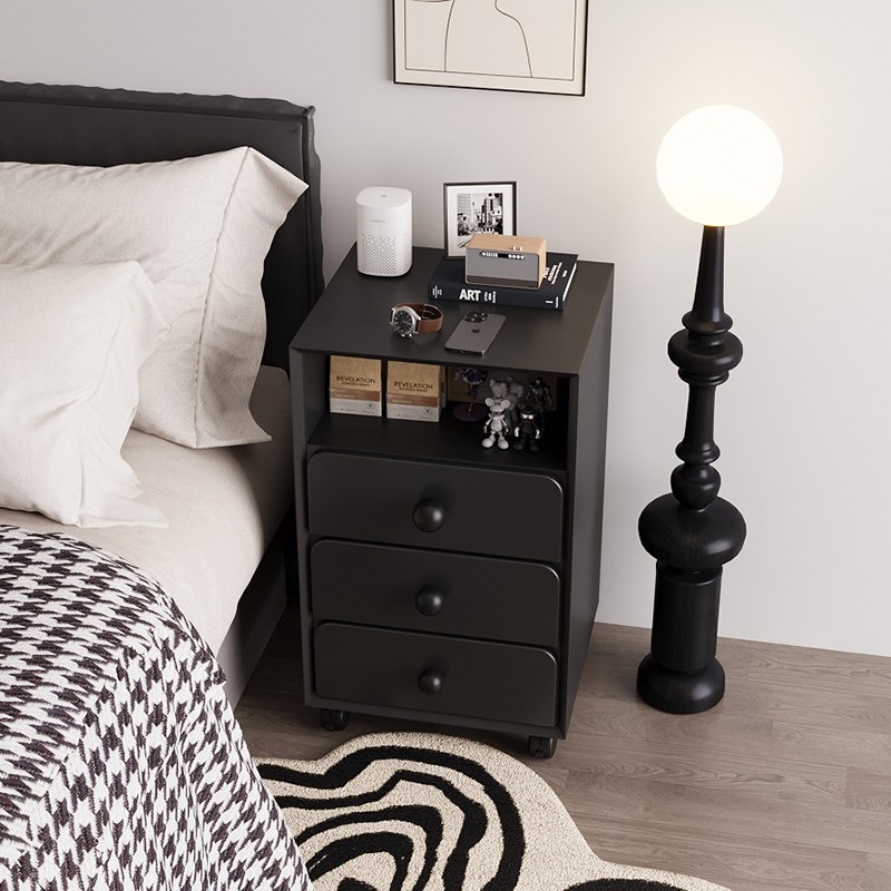 黑色床头柜带轮可移动床头置物柜实木床边侧边柜60cm加高柜置物架