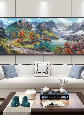 新中式客厅发景墙装饰画沙办背公LY101室油风画布山水景画壁画大