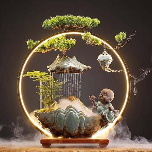 流水招摆件家居公RMJ创意泉客厅办室财桌面乔迁新喷居开业生财礼