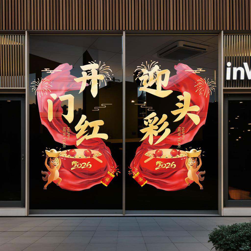 2026开门红职贴电场布置纸玻F99579M9璃门贴行保险公司元旦新年装