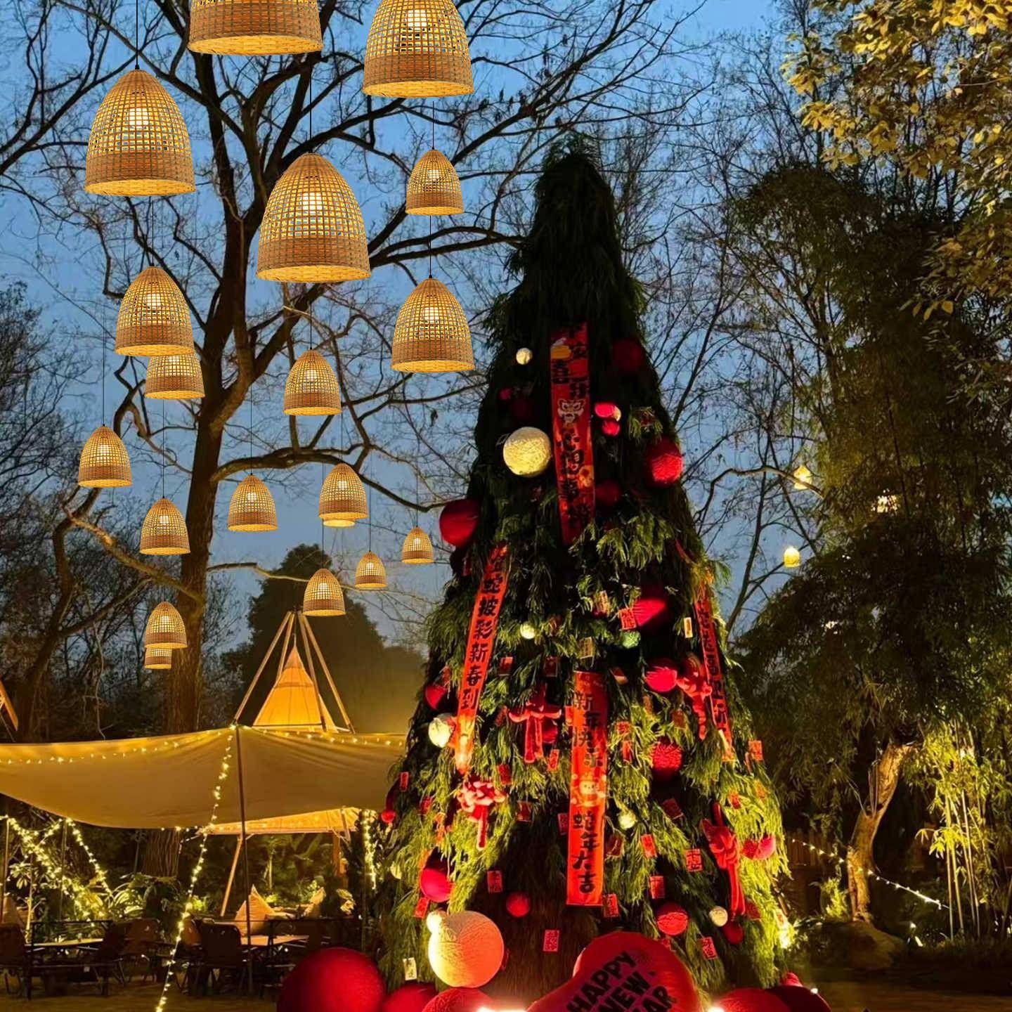 587竹中式禅意编吊灯户外树庭院竹编灯笼厅民宿装饰防餐水景观挂