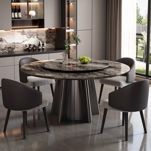 威尼斯棕天然大理石圆形餐桌椅组合F意式轻奢家用小户型宝格丽黑