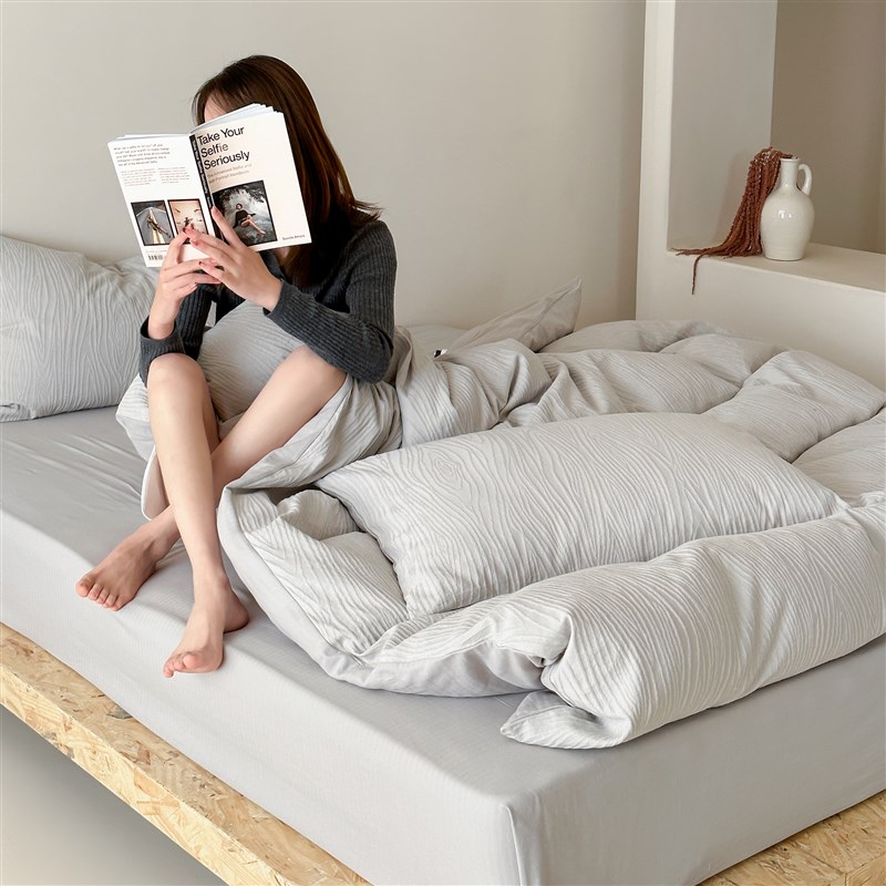 侘寂风纯色简约全棉提花四件套60支纯棉水洗亲肤软糯树纹被套床品