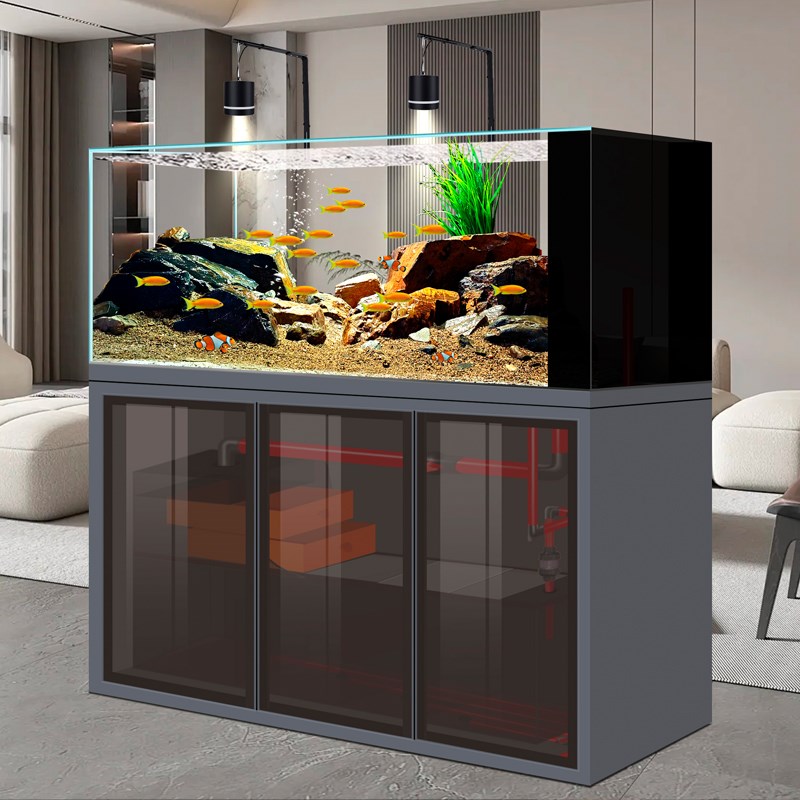 原生溪流缸客厅家用工业风鱼缸超白玻璃侧溢流底滤造景兰寿水族箱