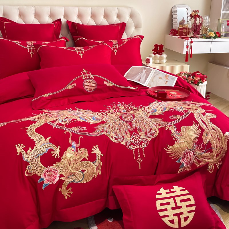 中式龙凤刺绣大红色婚庆四件套新婚陪嫁纯棉床单被套结婚床上用品