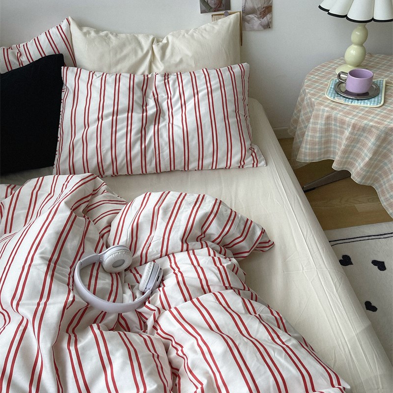梨梦 听听海风 ins简约条纹40支纯棉四件套全棉床单 被套床上用品