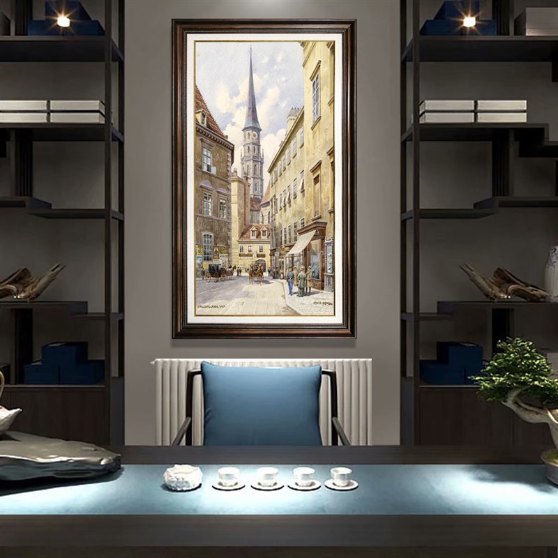 欧式建筑美式入户玄关装饰画竖版楼梯挂画高清喷绘画尺寸可定做