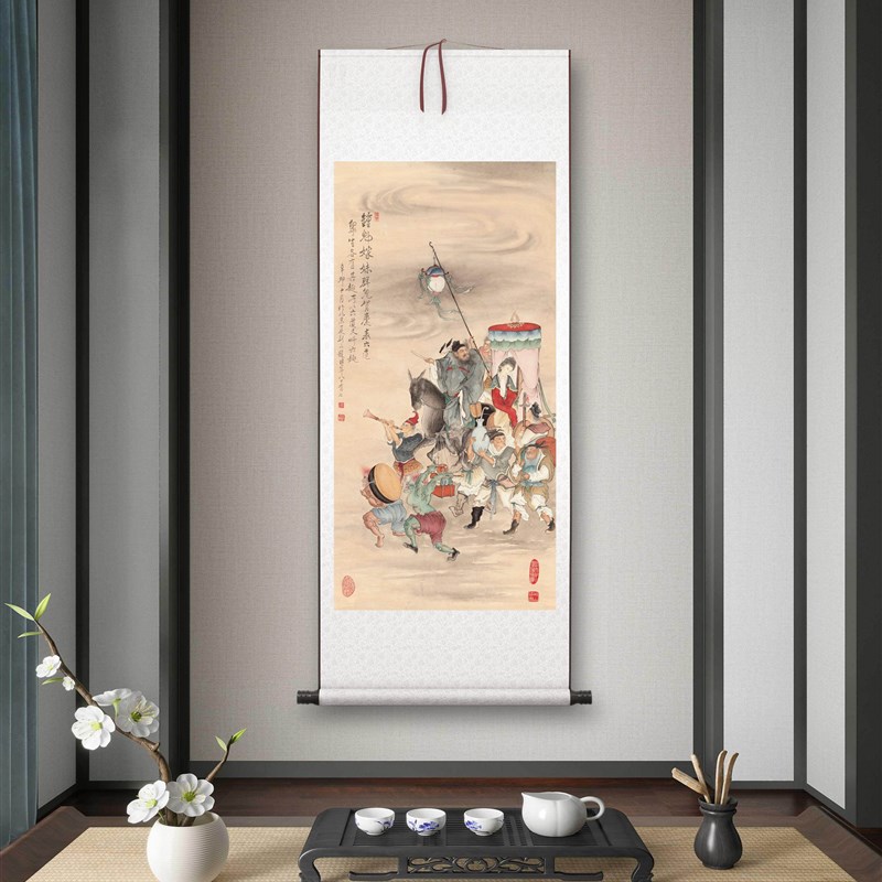 夏荆山《钟馗嫁妹》客厅书房茶室装饰画挂画玄关水墨高清卷轴字画