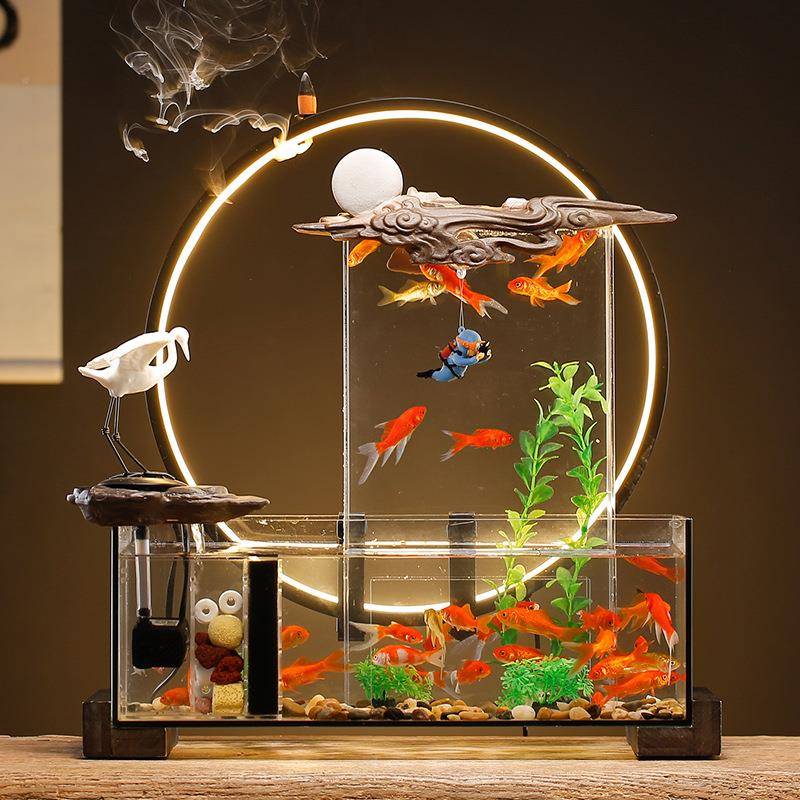 家客厅循环玻流OTD鱼缸摆水件创意电视柜办公室桌面璃造景生态用