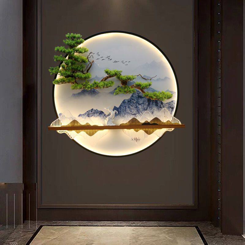 新中式玄关背景墙迎客松装饰画茶室客厅挂件养生馆墙饰发光壁画