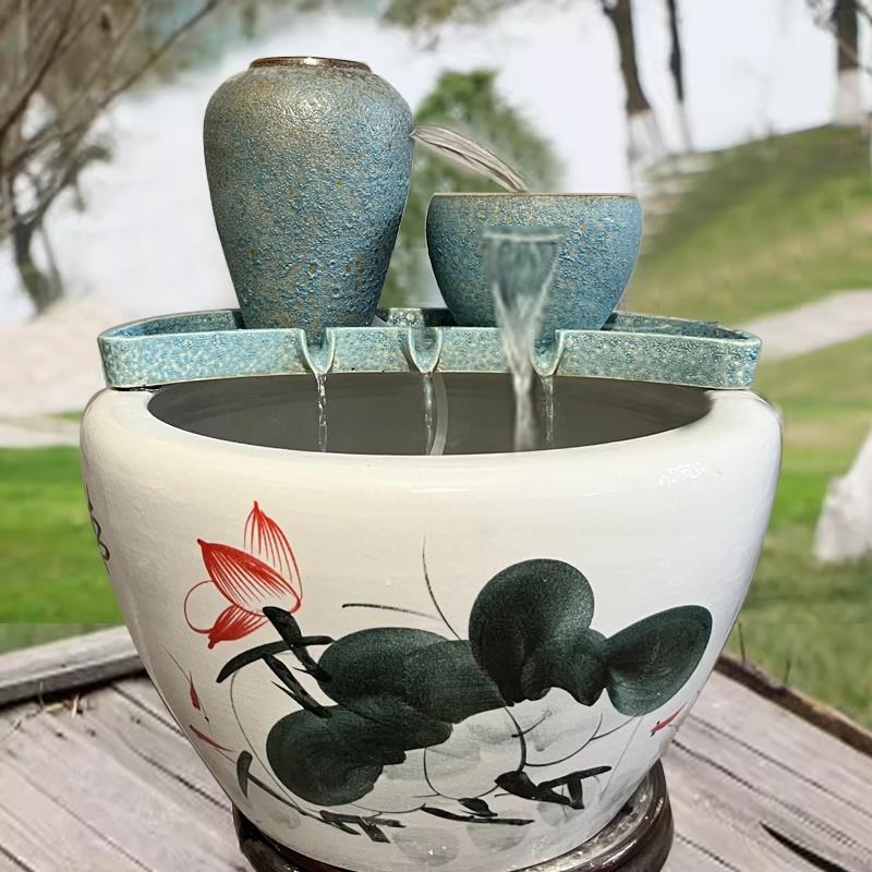 水缸循环过滤器流水o瀑布陶瓷摆饰古法养鱼缸增氧循环过滤陶罐水