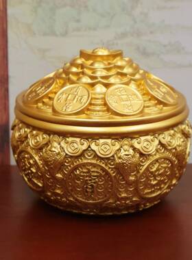 黄铜金聚宝盆蟾聚宝盆铜招厅财聚财用客前台玄关装饰存钱品罐家黄